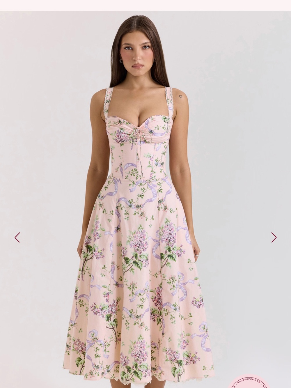 House of CB Pink Floral Midi Dress with Purple and Green Print - Picture 6 of 7